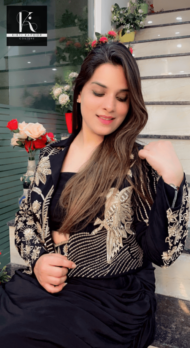 Black Embroidered Three - Piece Drape Dress - Kirti Kapoor Couture