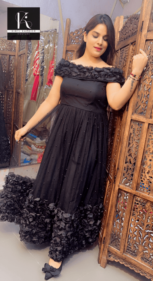 Black Flower Gown (Perfect Evening Party Fit) - Kirti Kapoor Couture
