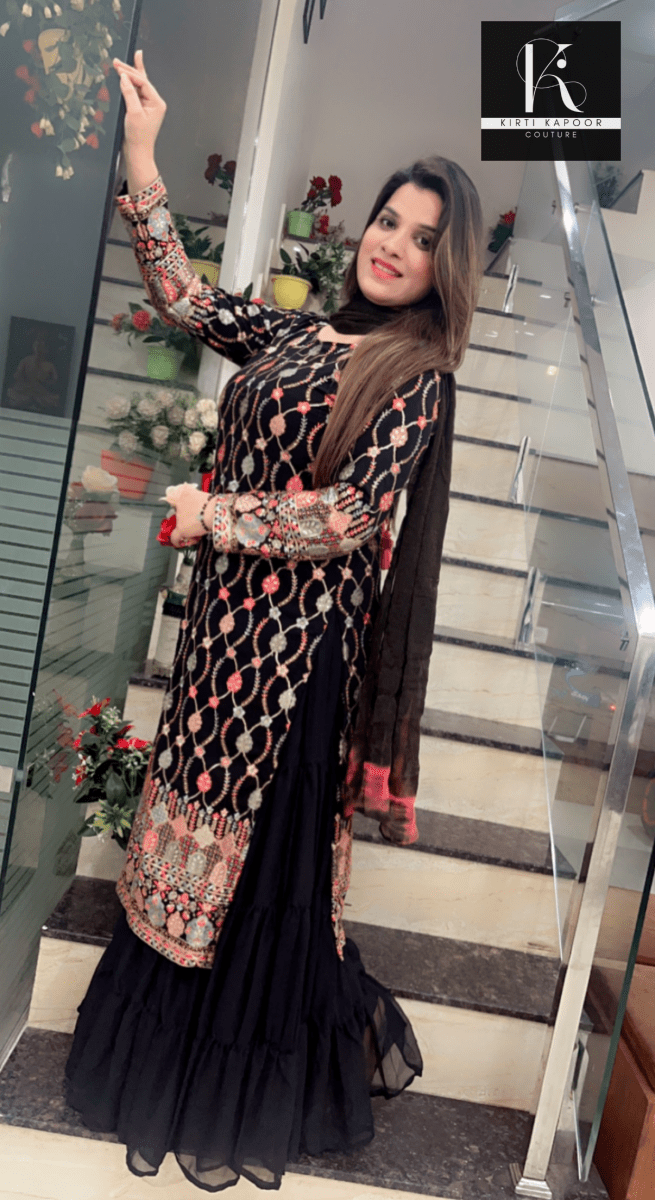 Black Gathered Skirt Suit with Multicolored Work Shirt - Kirti Kapoor Couture
