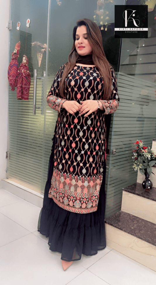 Black Gathered Skirt Suit with Multicolored Work Shirt - Kirti Kapoor Couture