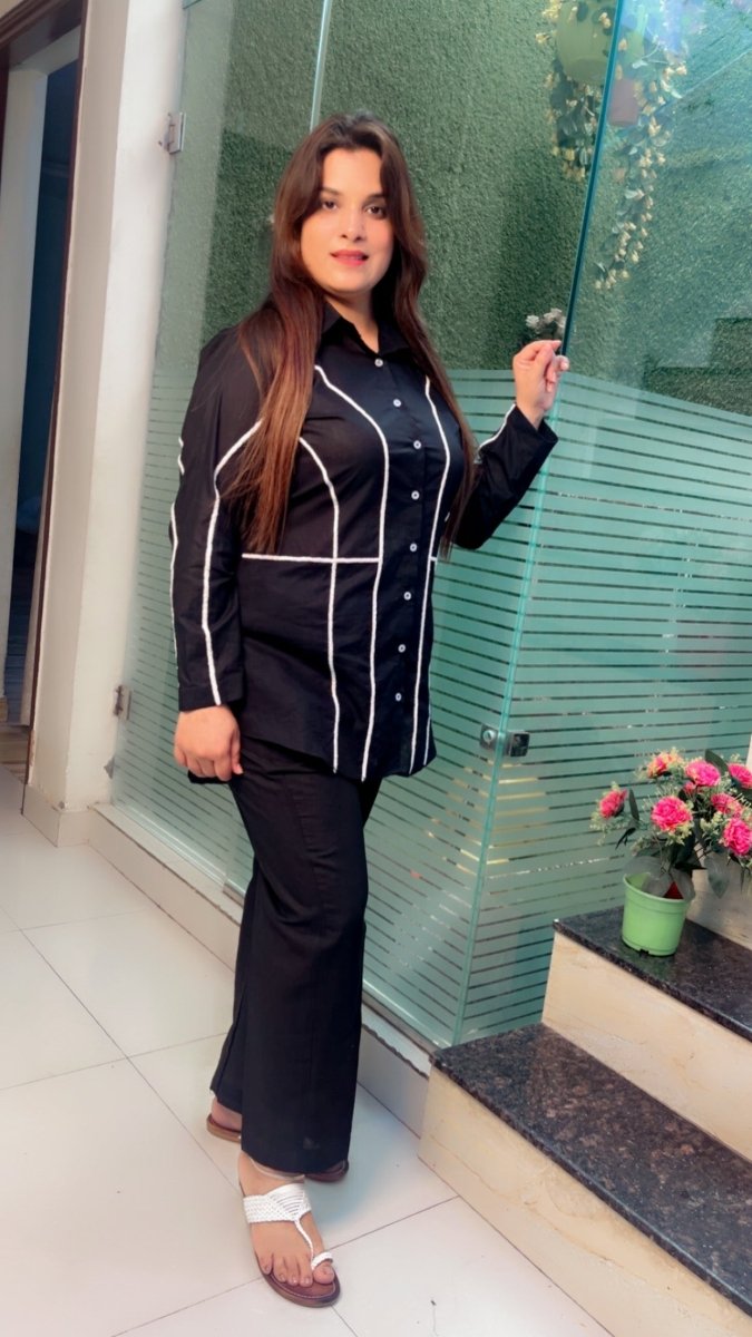 Black Hand - Embroidered Shirt Style Co - ord Set - Kirti Kapoor Couture