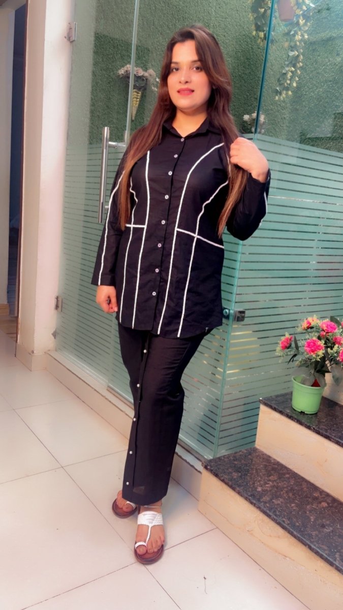 Black Hand - Embroidered Shirt Style Co - ord Set - Kirti Kapoor Couture