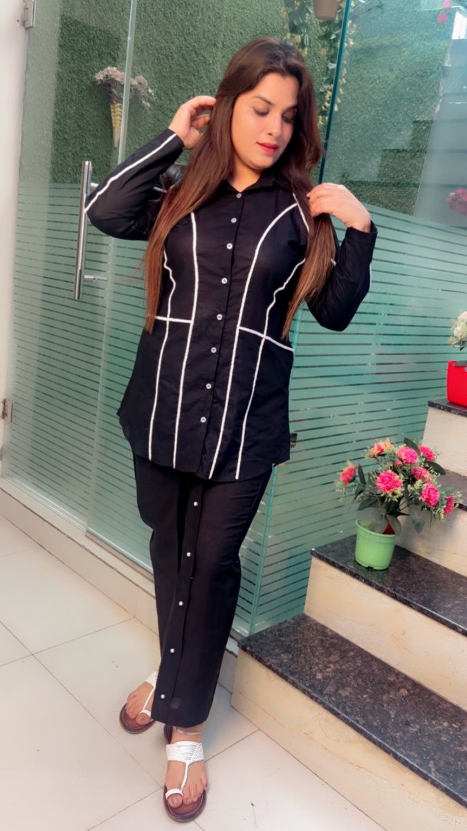 Black Hand - Embroidered Shirt Style Co - ord Set - Kirti Kapoor Couture