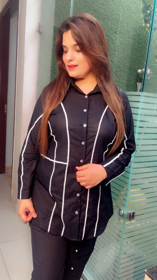 Black Hand - Embroidered Shirt Style Co - ord Set - Kirti Kapoor Couture