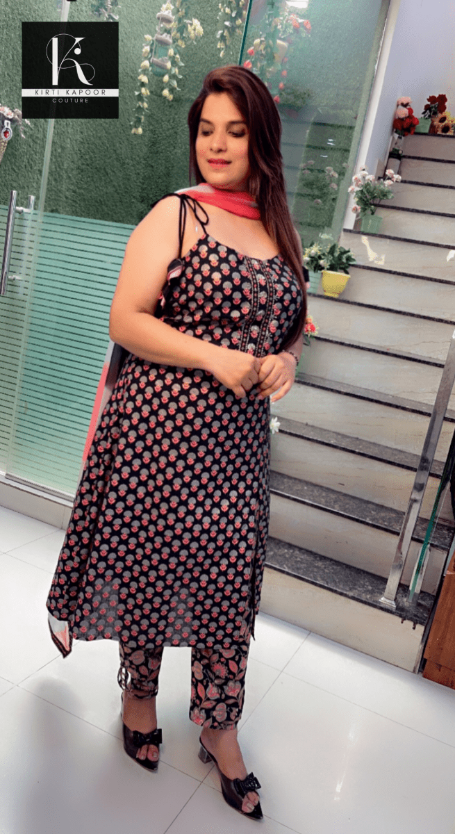 Black Jaipuri Suit with Designer Pant & Dupatta - Kirti Kapoor Couture