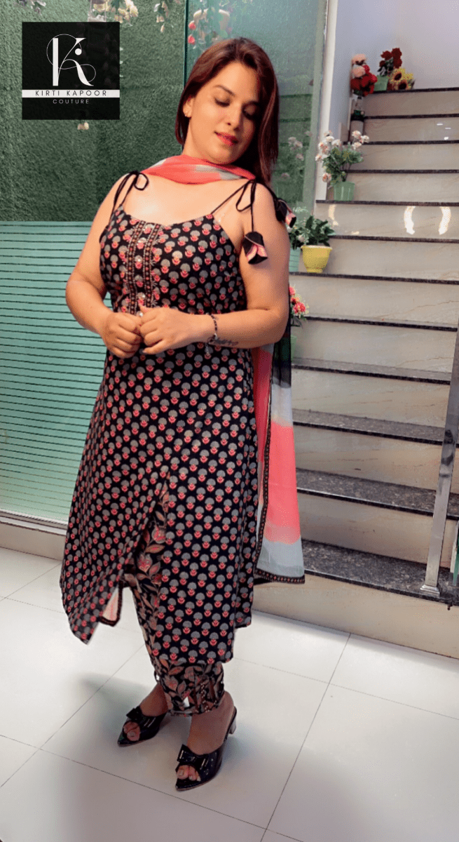 Black Jaipuri Suit with Designer Pant & Dupatta - Kirti Kapoor Couture
