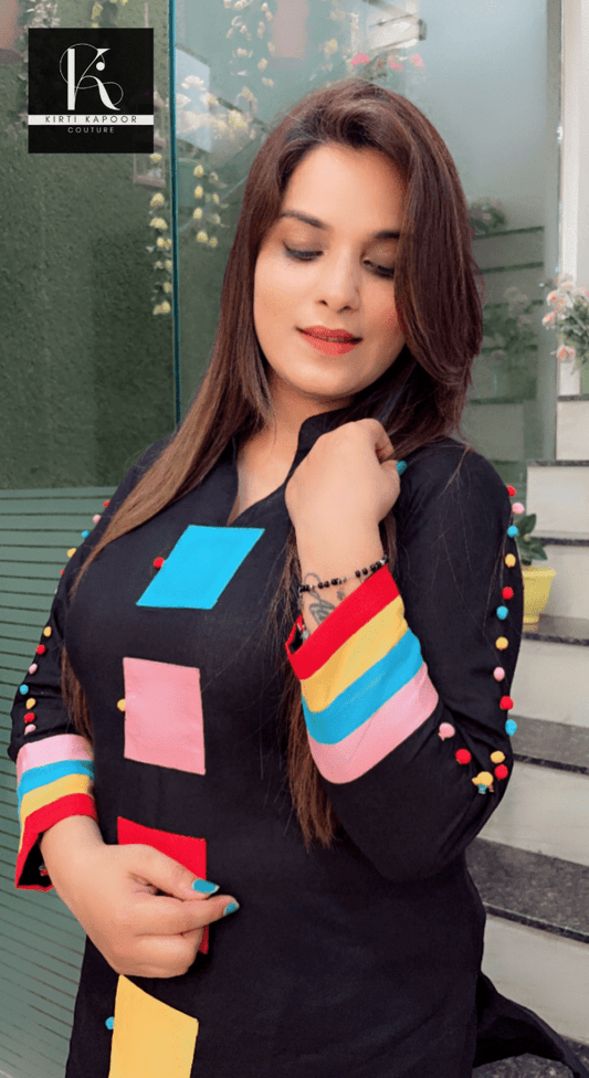 Black Kurti and Pant Set with Colourful Designing Overall - Kirti Kapoor Couture