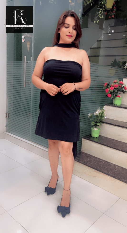 Black Stretchable Short Dress with Back - Bow Designing - Kirti Kapoor Couture