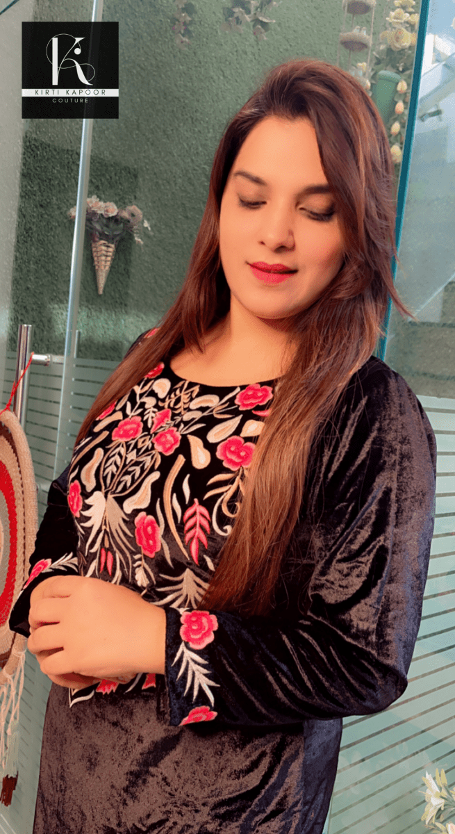 Black velvet embroidered shirt with pleated brocade plazo - Kirti Kapoor Couture
