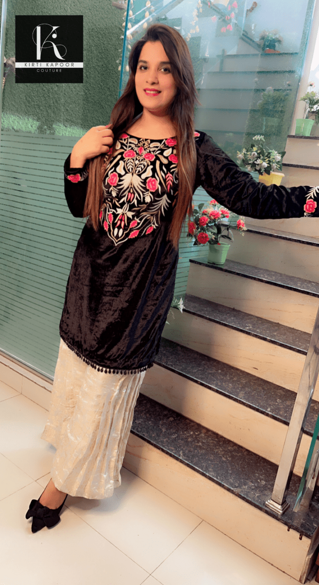 Black velvet embroidered shirt with pleated brocade plazo - Kirti Kapoor Couture