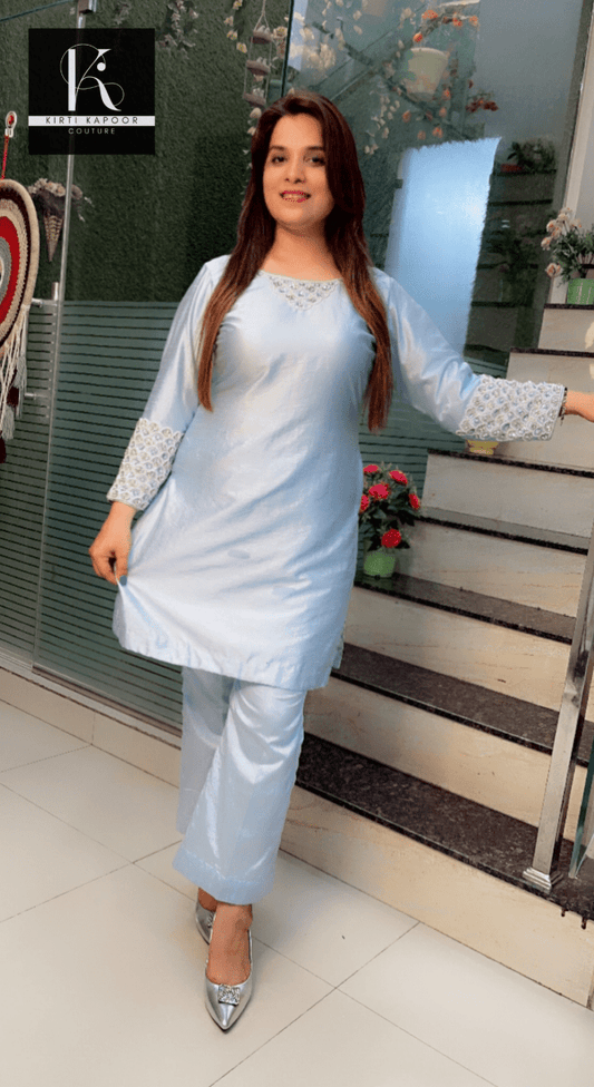 Blizzard Blue Hand - Embroidered Co - ord - Kirti Kapoor Couture