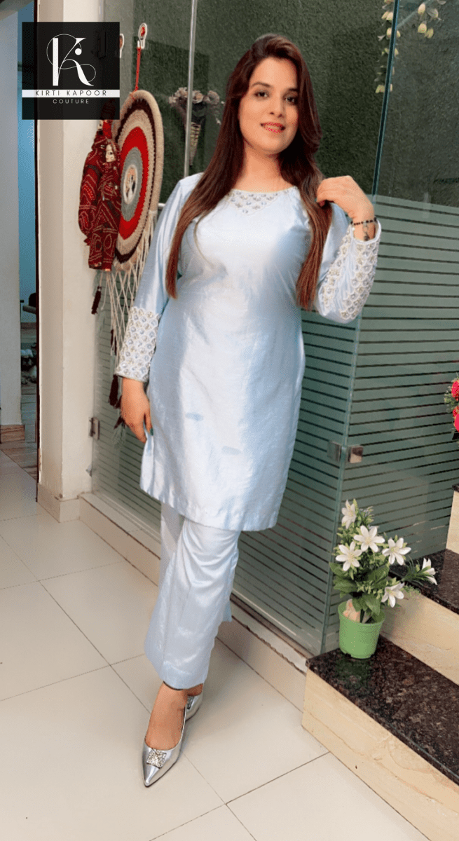 Blizzard Blue Hand - Embroidered Co - ord - Kirti Kapoor Couture
