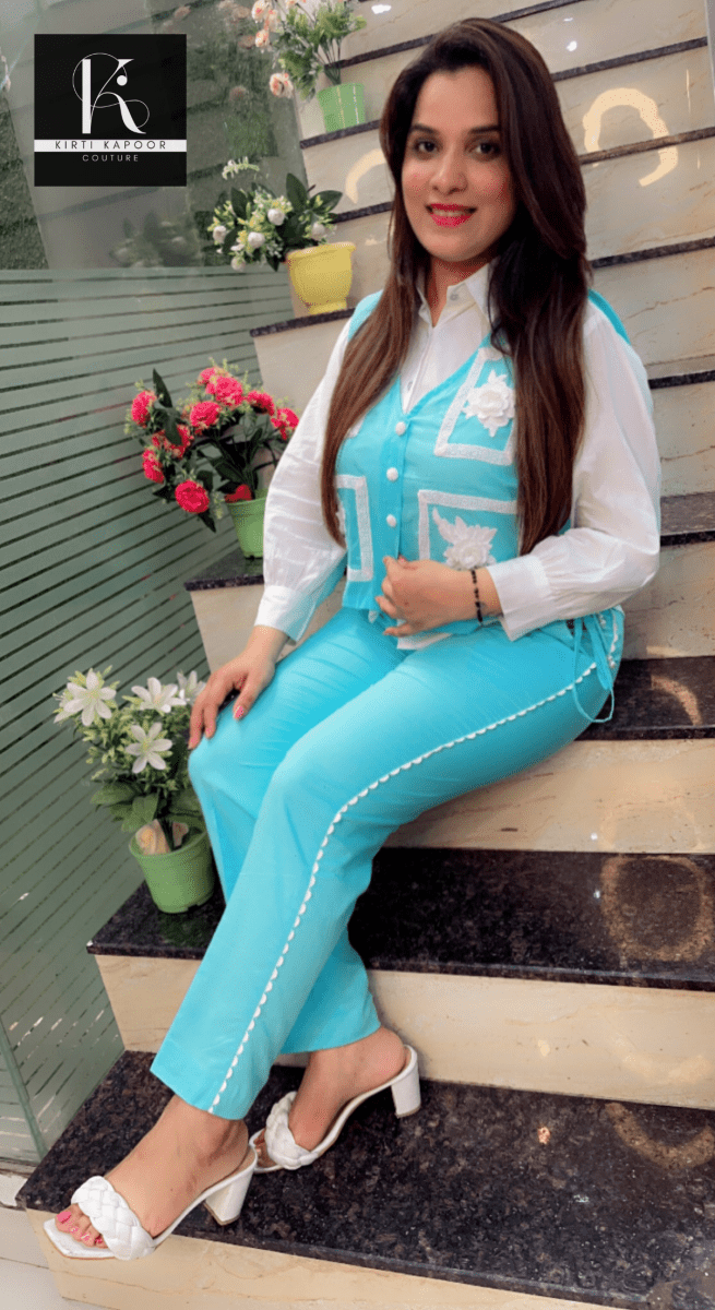 Blue and White Three - Piece Set (Patch - Work Highlights) - Kirti Kapoor Couture