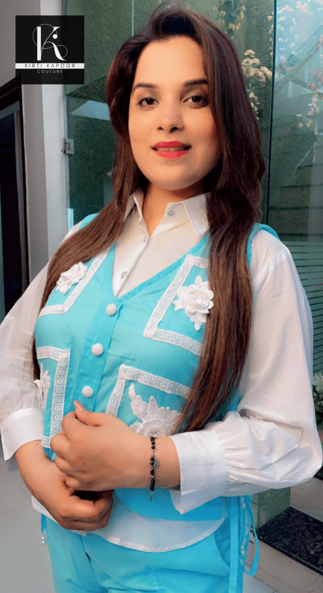 Blue and White Three - Piece Set (Patch - Work Highlights) - Kirti Kapoor Couture