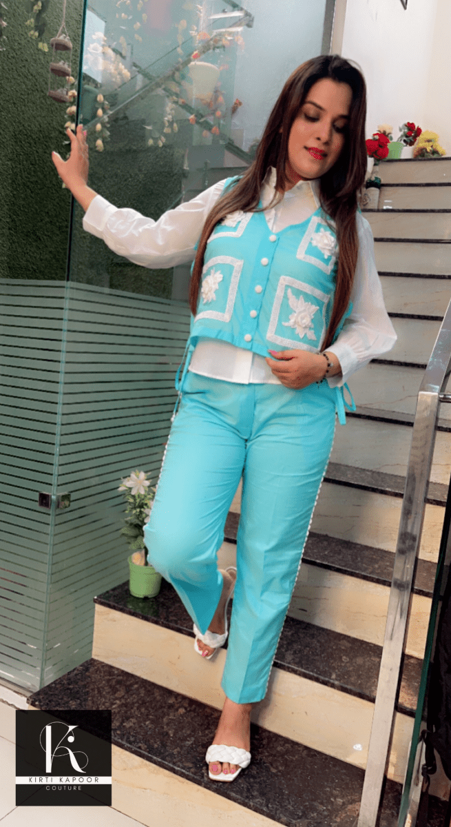 Blue and White Three - Piece Set (Patch - Work Highlights) - Kirti Kapoor Couture