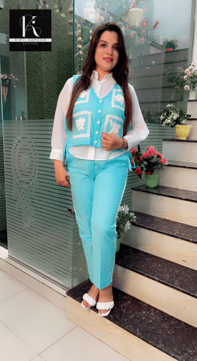 Blue and White Three - Piece Set (Patch - Work Highlights) - Kirti Kapoor Couture
