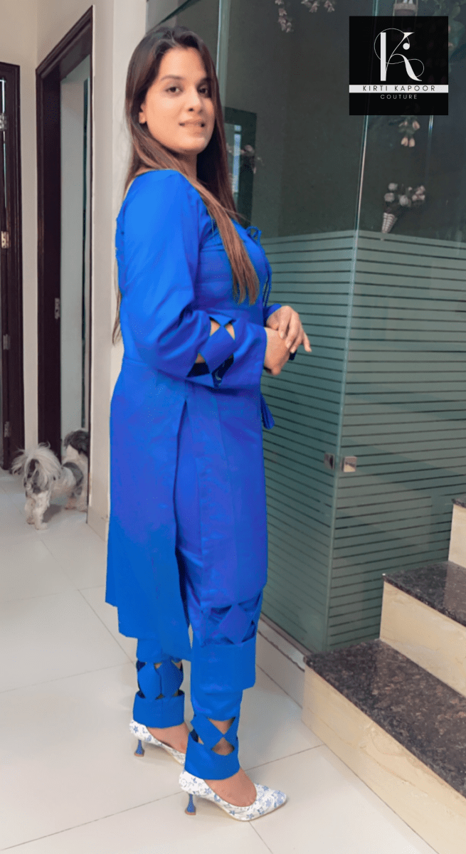 Blue Cotton Designer Shirt with Matching Pant - Kirti Kapoor Couture
