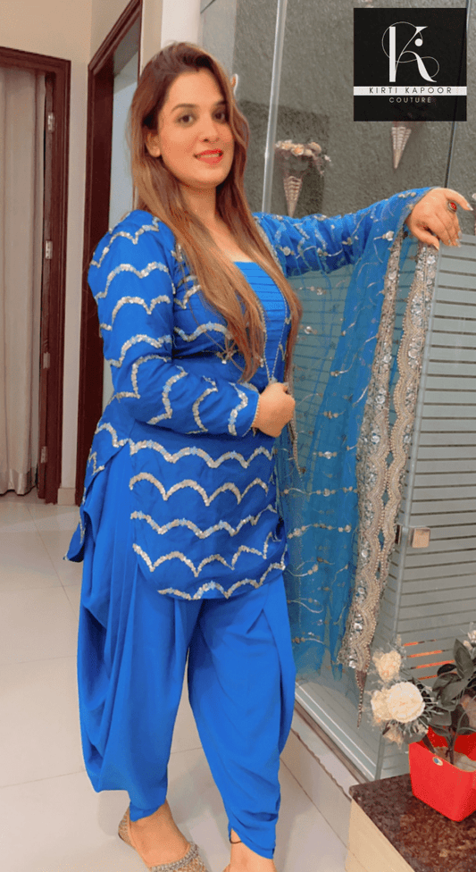 Blue Dhoti Suit With Embroidered Dupatta - Kirti Kapoor Couture