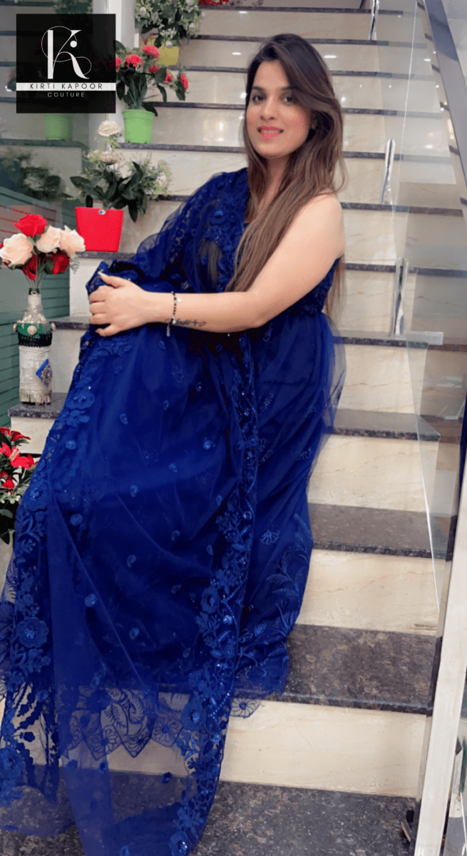 Blue One - Sided Gown with Cutwork Dupatta - Kirti Kapoor Couture