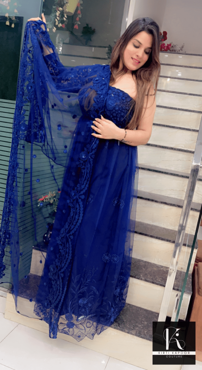 Blue One - Sided Gown with Cutwork Dupatta - Kirti Kapoor Couture