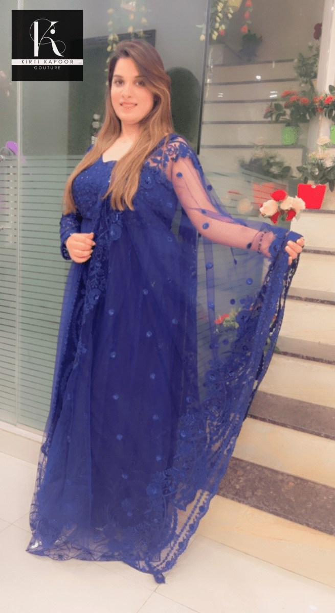 Blue One - Sided Gown with Cutwork Dupatta - Kirti Kapoor Couture