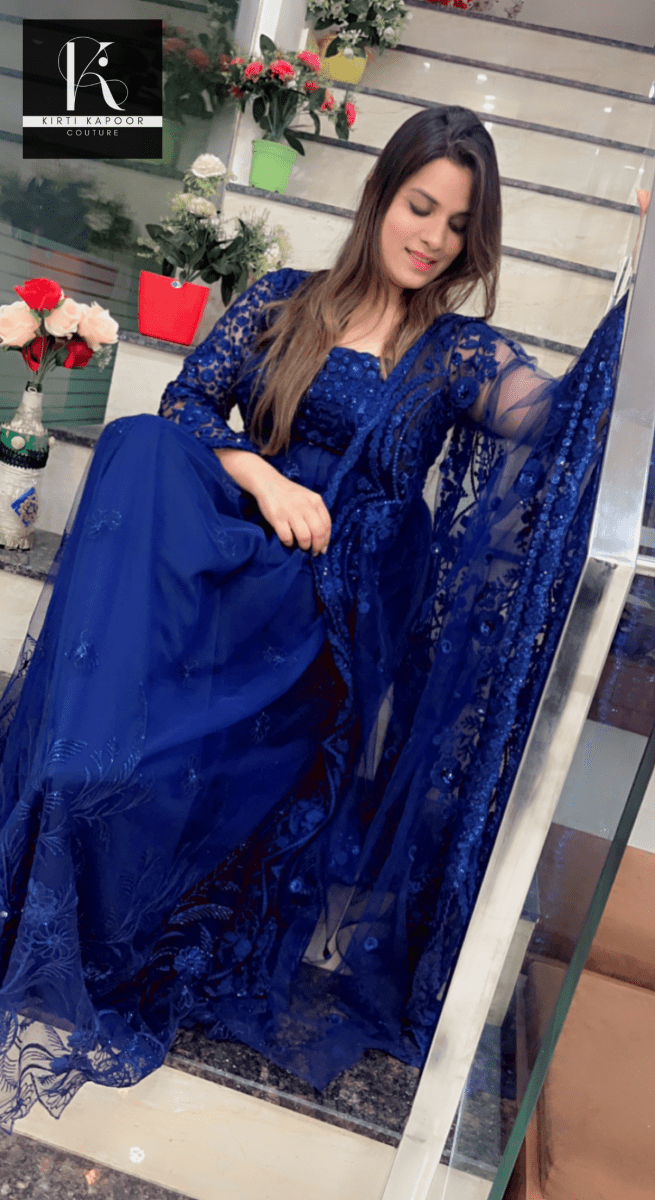 Blue One - Sided Gown with Cutwork Dupatta - Kirti Kapoor Couture