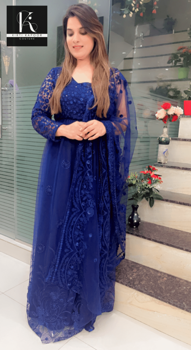 Blue One - Sided Gown with Cutwork Dupatta - Kirti Kapoor Couture