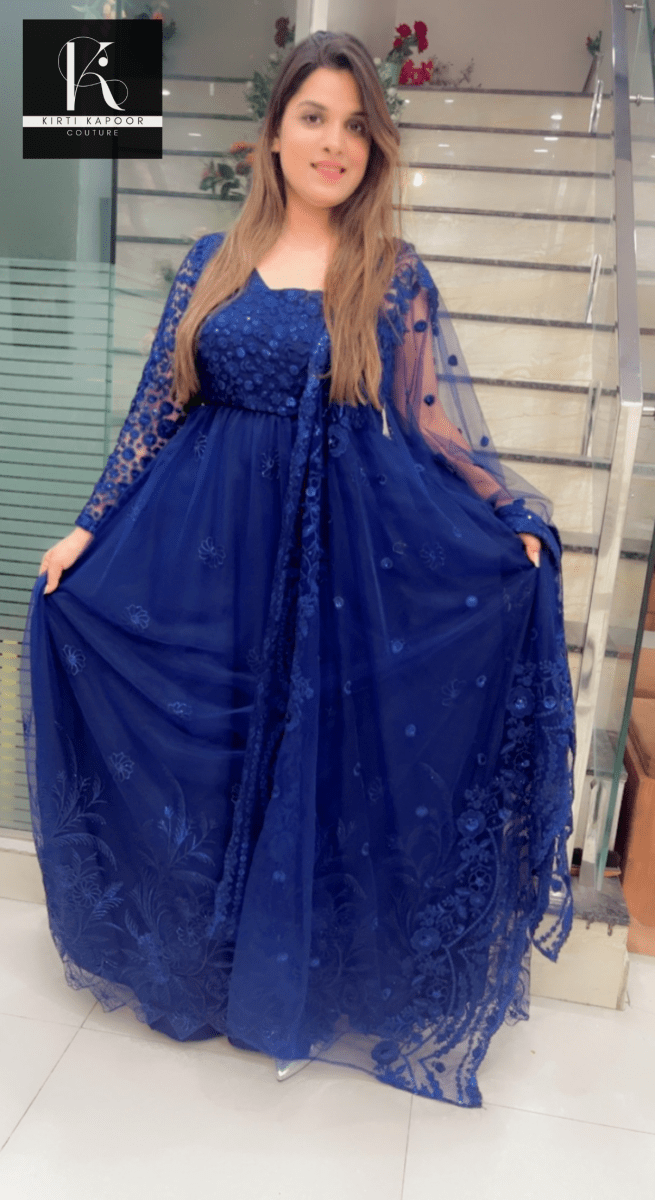 Blue One - Sided Gown with Cutwork Dupatta - Kirti Kapoor Couture
