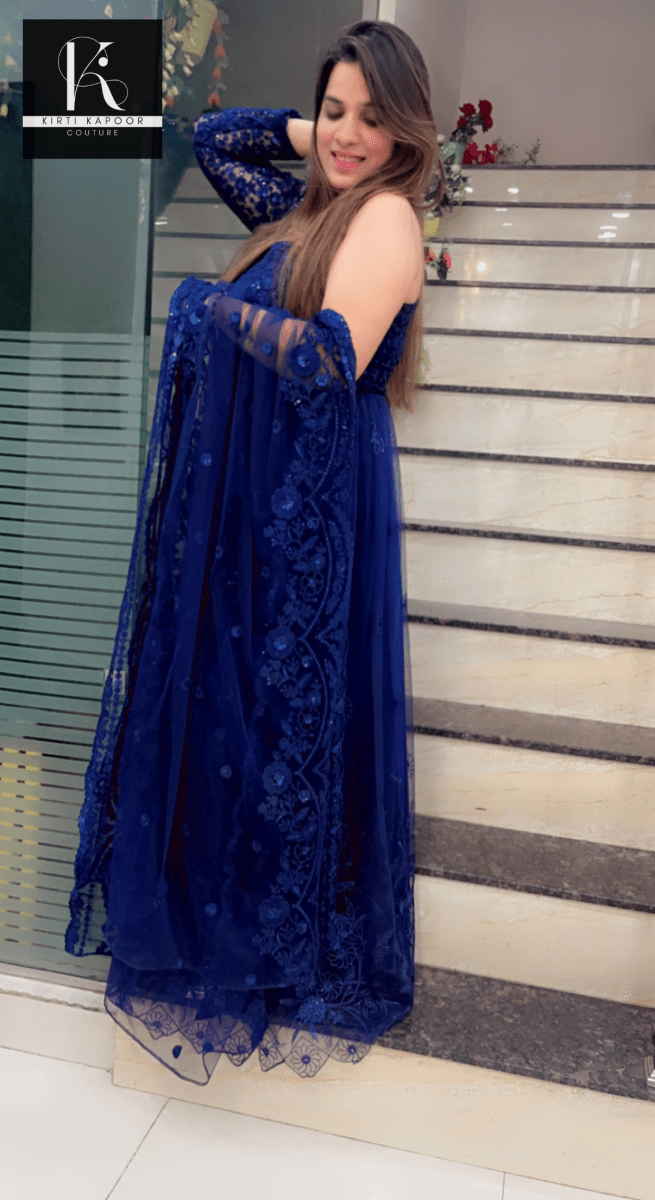 Blue One - Sided Gown with Cutwork Dupatta - Kirti Kapoor Couture