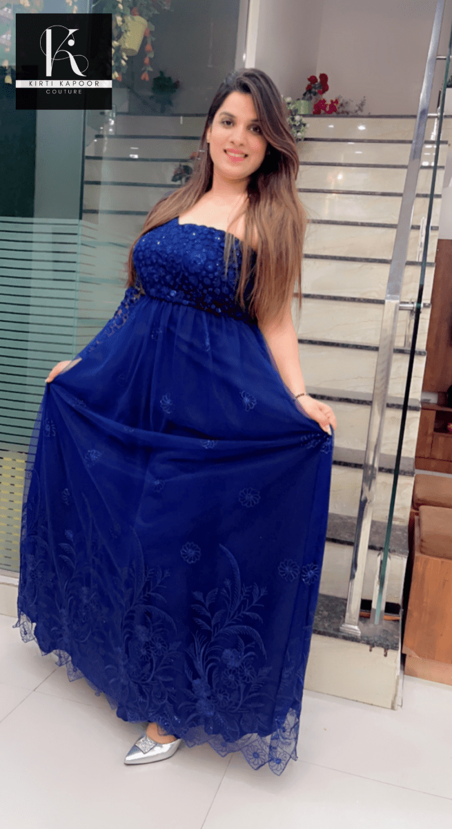 Blue One - Sided Gown with Cutwork Dupatta - Kirti Kapoor Couture