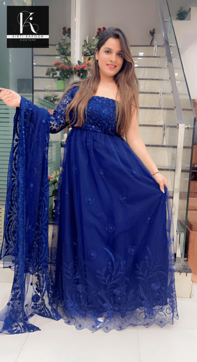 Blue One - Sided Gown with Cutwork Dupatta - Kirti Kapoor Couture