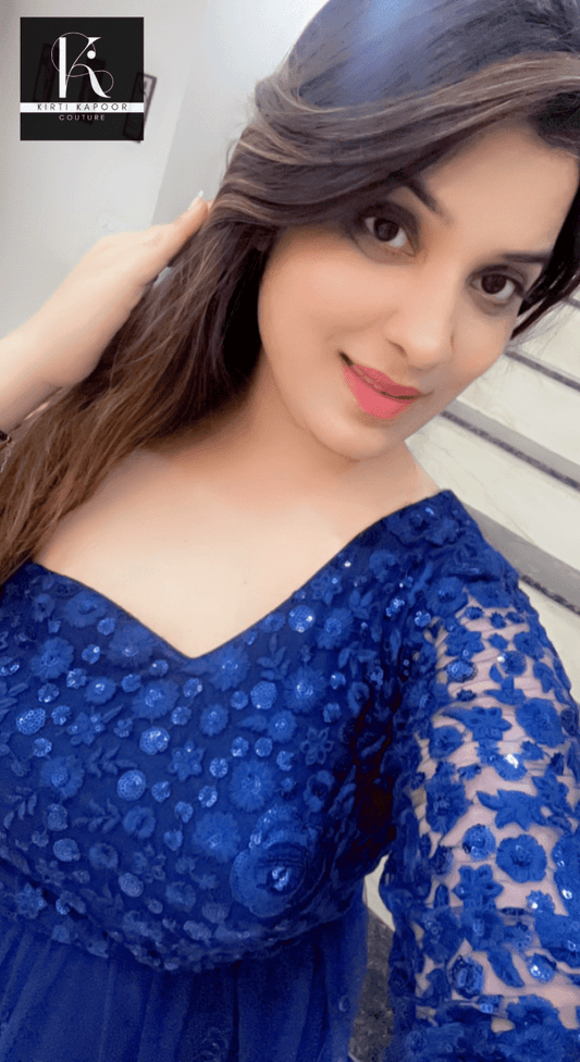 Blue One - Sided Gown with Cutwork Dupatta - Kirti Kapoor Couture