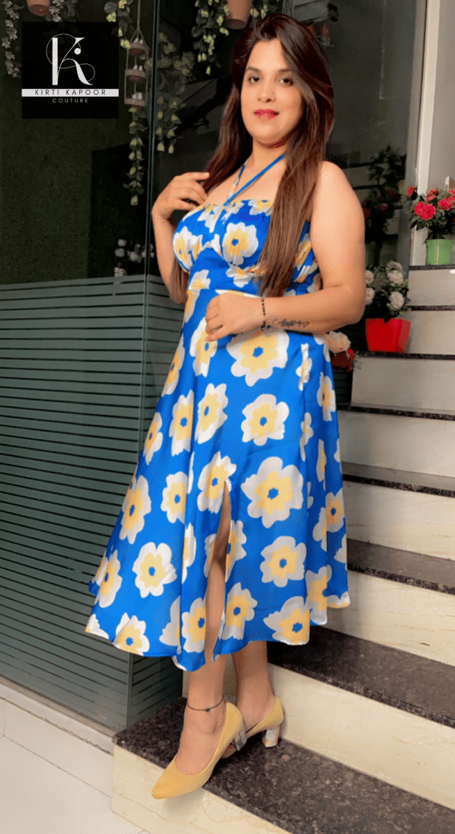 Blue Satin - Georgette Floral Printed Tunic (Apt Vacation Wear) - Kirti Kapoor Couture
