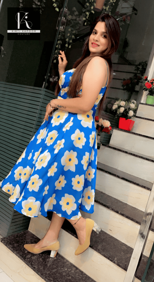 Blue Satin - Georgette Floral Printed Tunic (Apt Vacation Wear) - Kirti Kapoor Couture