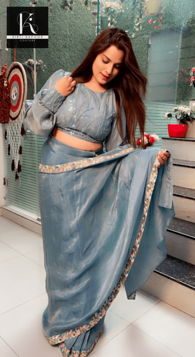 Blue Shimmer Saree with Worked Designer Blouse - Kirti Kapoor Couture