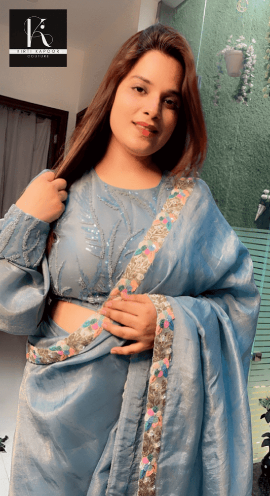 Blue Shimmer Saree with Worked Designer Blouse - Kirti Kapoor Couture
