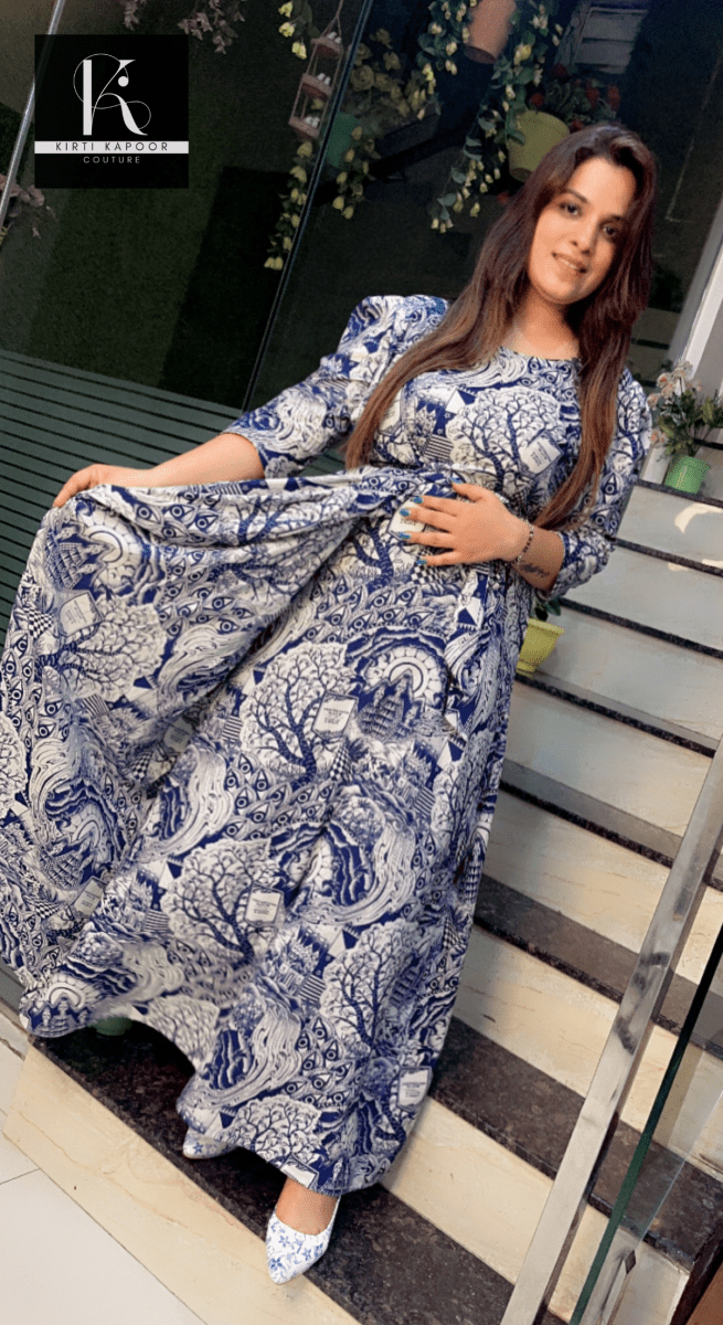 Blue - White Modish Rayon Printing Dress - Kirti Kapoor Couture
