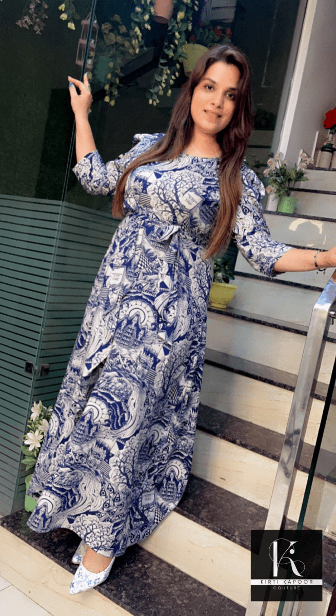 Blue - White Modish Rayon Printing Dress - Kirti Kapoor Couture
