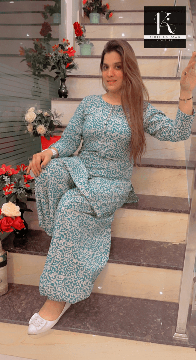 Blue - White Printed Co - ord with Harem Salwar - Kirti Kapoor Couture