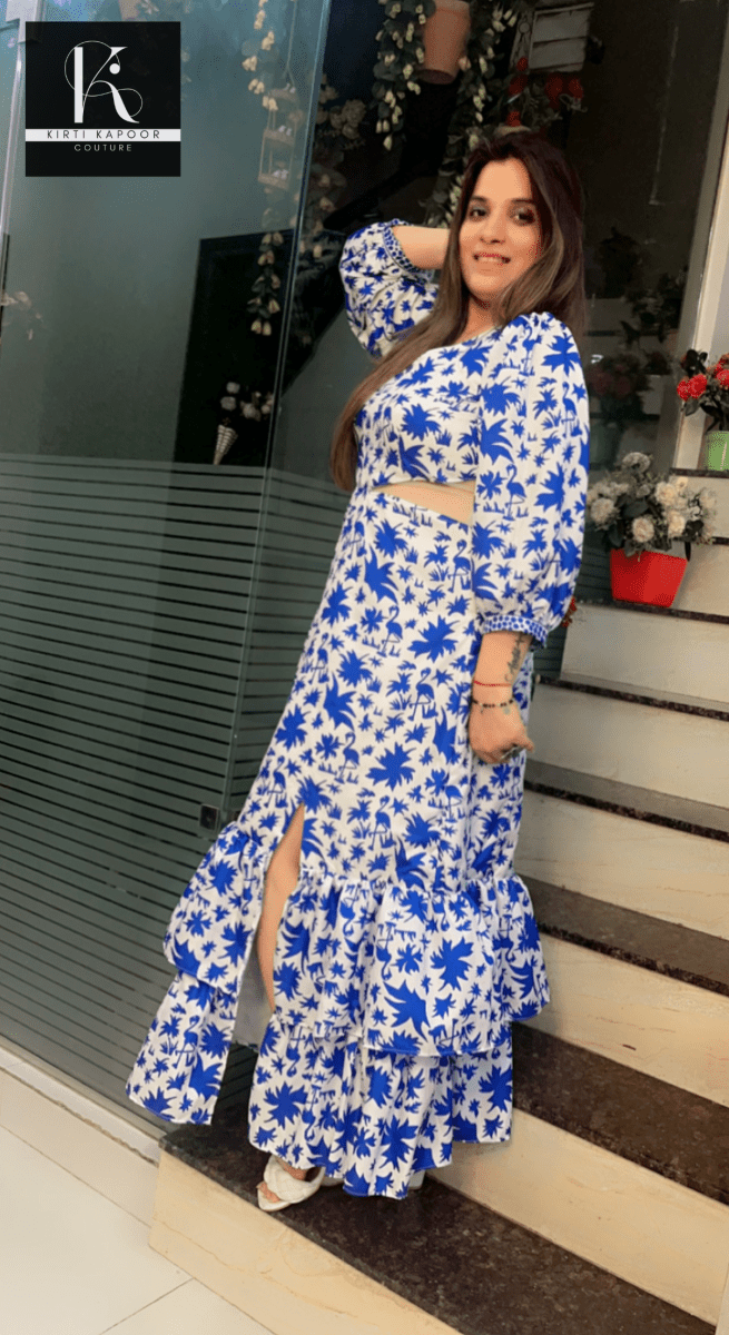 Blue - White Printed Summer Gown - Kirti Kapoor Couture