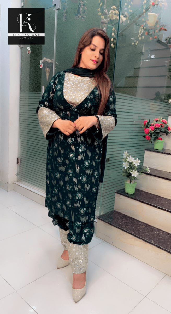 Bottle Green Georgette Four - Piece Suit - Kirti Kapoor Couture