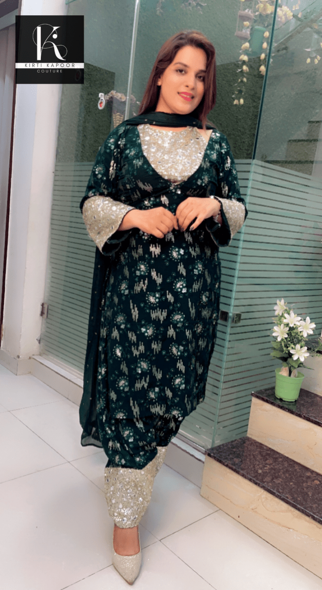 Bottle Green Georgette Four - Piece Suit - Kirti Kapoor Couture