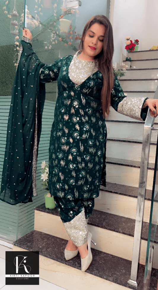 Bottle Green Georgette Four - Piece Suit - Kirti Kapoor Couture