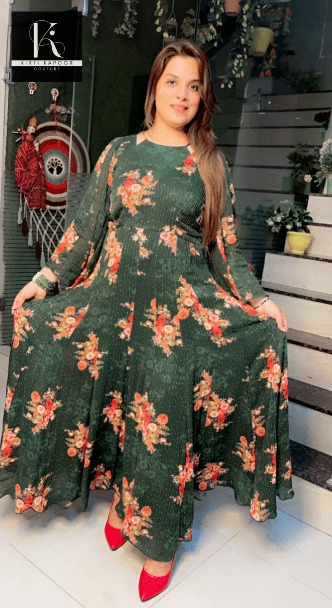 Bottle Green Georgette Printed Sequence Gown - Kirti Kapoor Couture