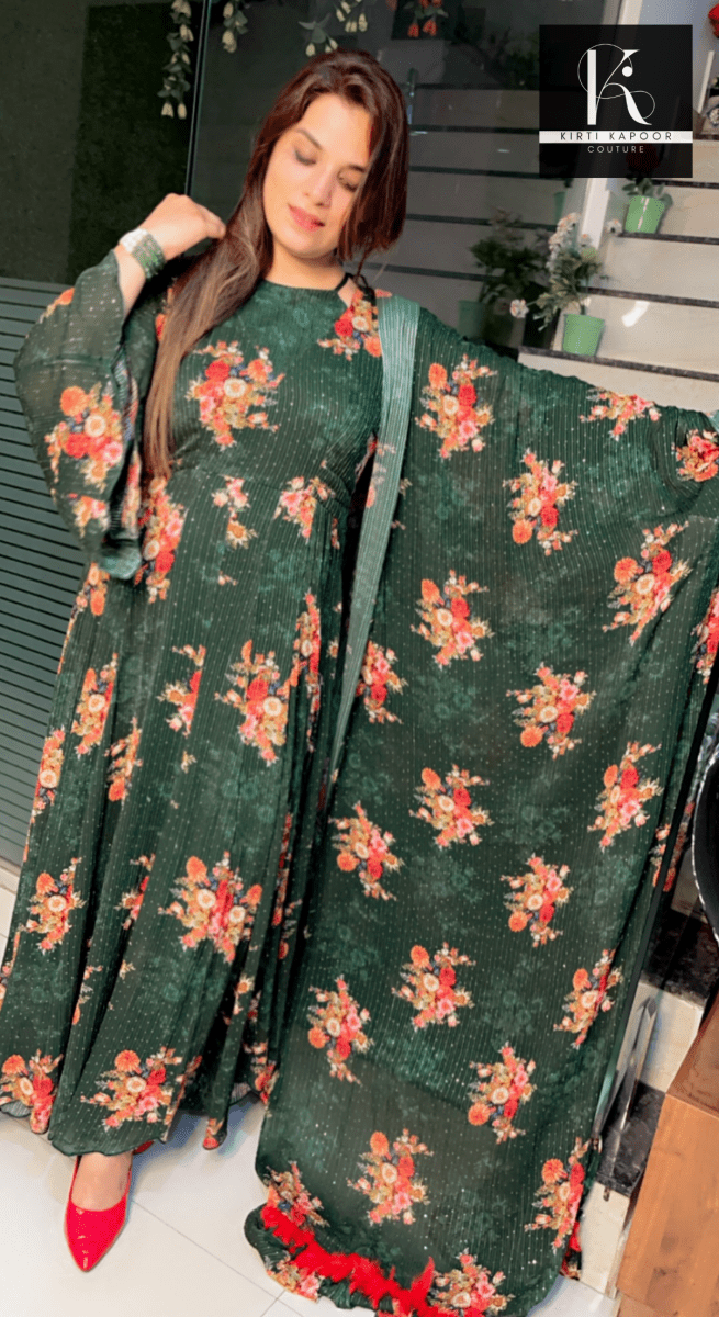 Bottle Green Georgette Printed Sequence Gown - Kirti Kapoor Couture