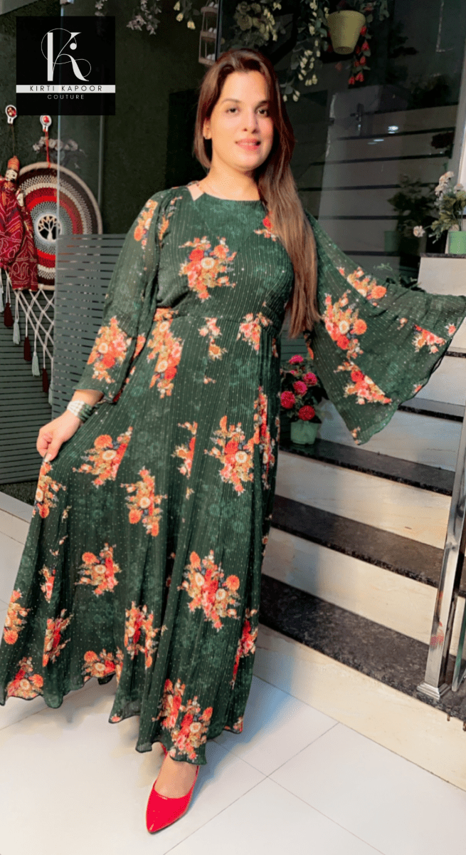 Bottle Green Georgette Printed Sequence Gown - Kirti Kapoor Couture
