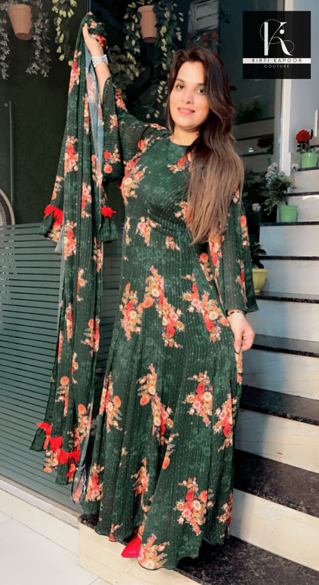 Bottle Green Georgette Printed Sequence Gown - Kirti Kapoor Couture