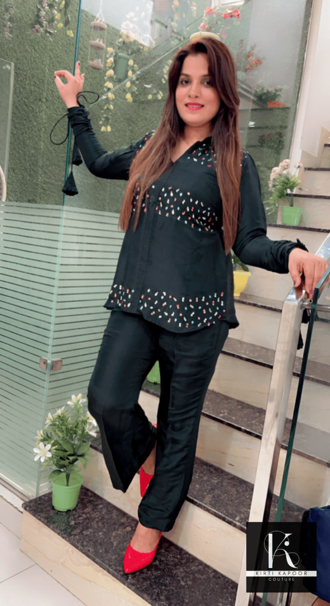 Bottle Green Hand - Embroidered Co - ord Set - Kirti Kapoor Couture