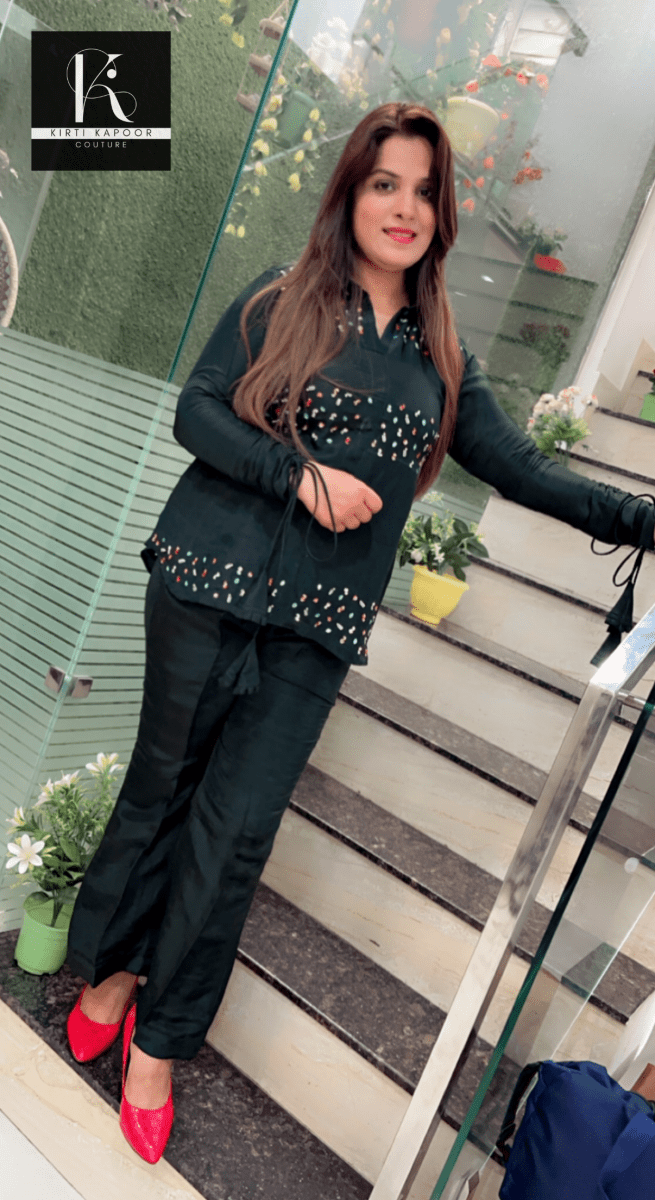 Bottle Green Hand - Embroidered Co - ord Set - Kirti Kapoor Couture