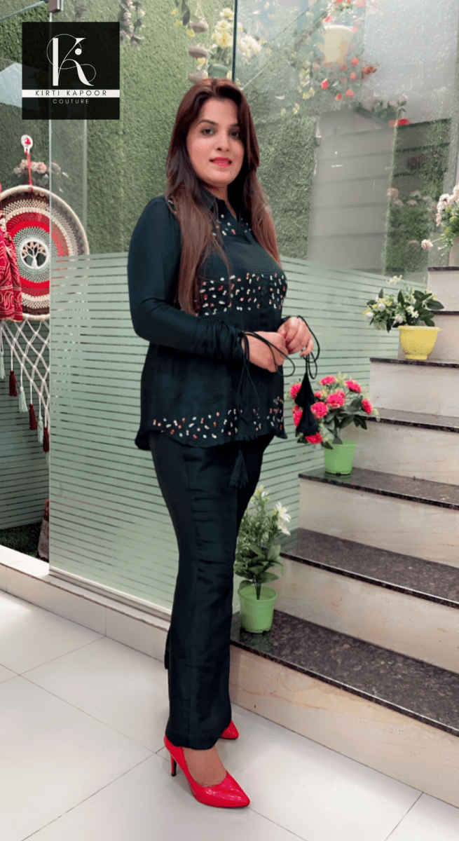Bottle Green Hand - Embroidered Co - ord Set - Kirti Kapoor Couture